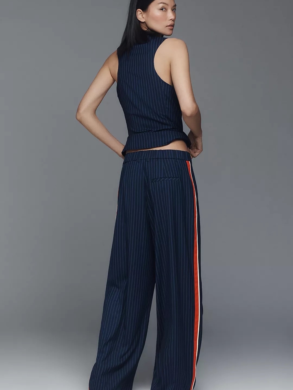 Maeve Navy Pinstripe Wide-Leg Pants with Orange Side Stripe - Picture 4 of 8